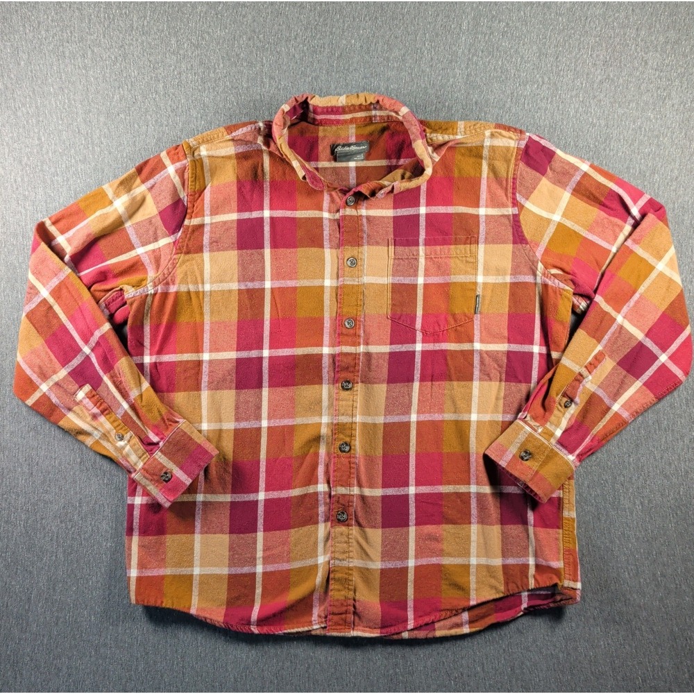 Eddie Bauer Plaid Flannel Button Shirt Lrg Brown Red Cotton Grunge Gorpcore Fall